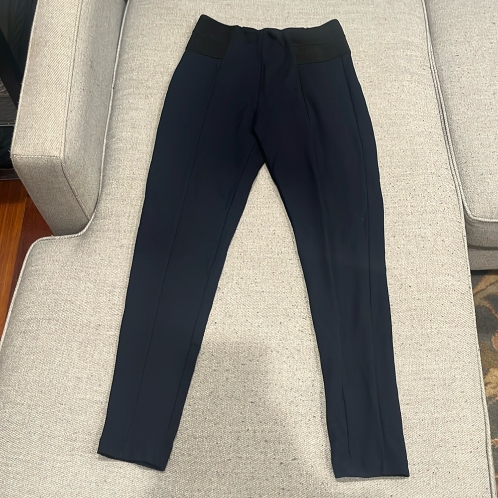 Navy Zara Stretch Pants with elastic waist and seams down the front